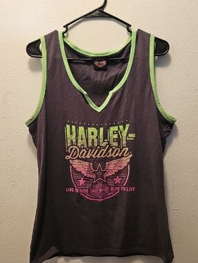 Harley-Davidson Gray Tank Top with Lime and Pink Gradient Logo